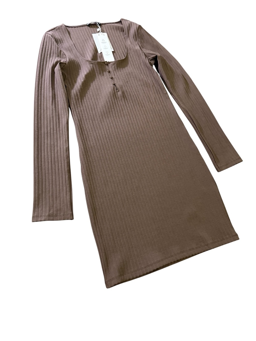 Zara Ribbed Long-Sleeve Square Neck Dress - Brown